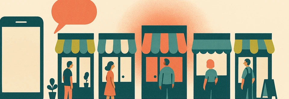 Illustration: Eine Reihe kleiner Ladenfronten, ein Smartphone mit Sprechblase daneben — ein Laden ist hervorgehoben